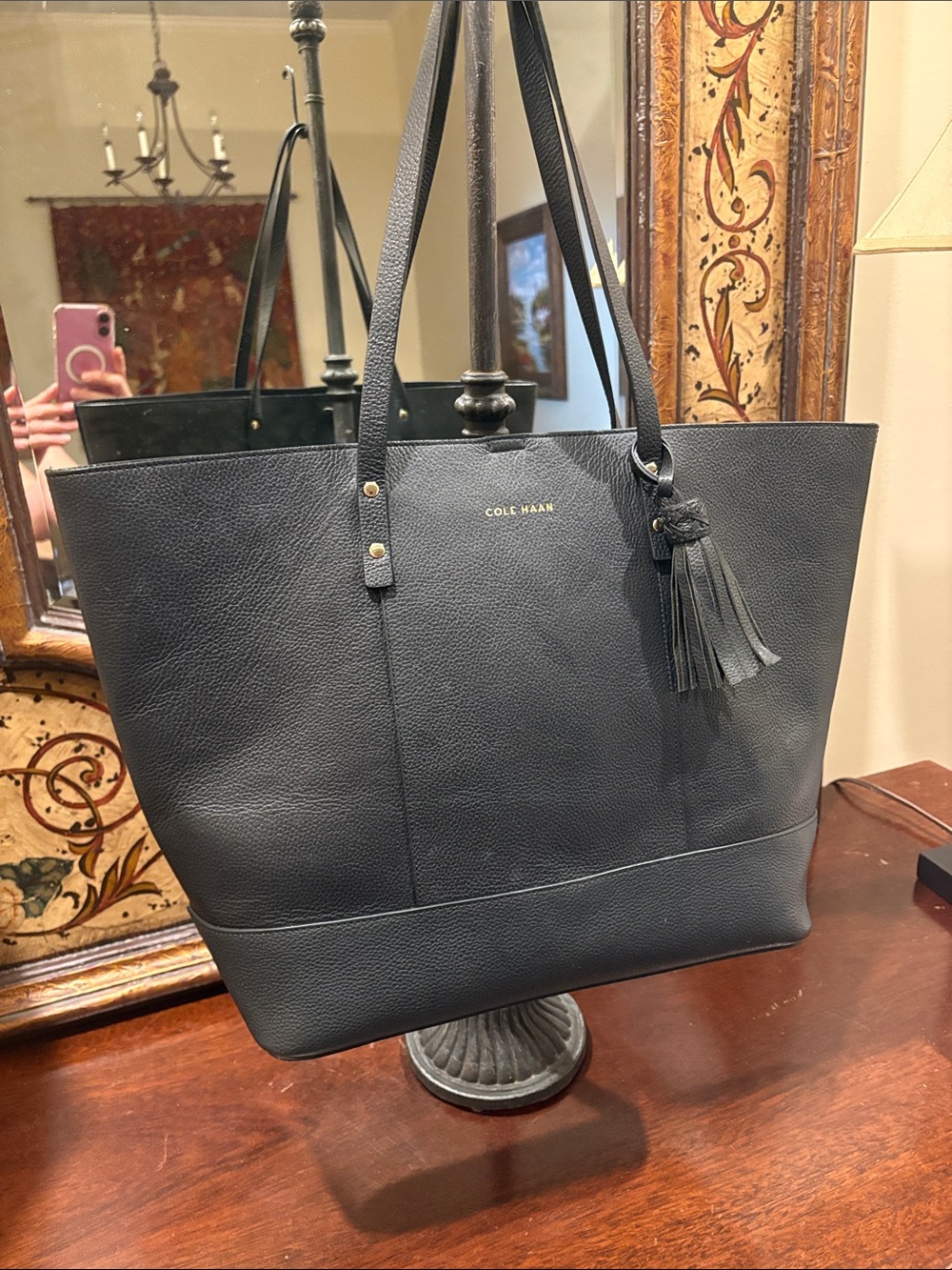 Cole Haan Black Pebbled Leather Tote with Tassel Accent